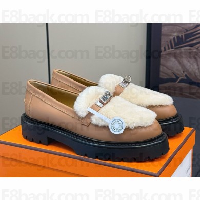 Hermes Women's Calfskin and sheepskin loafers with Kelly buckle Camel 1121-2024