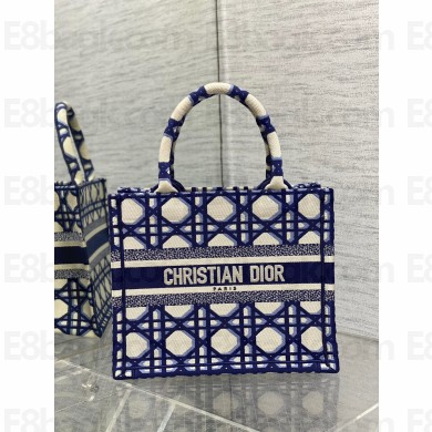 Dior small Book Tote Bag in Beige and Blue Macrocannage Embroidery 2023