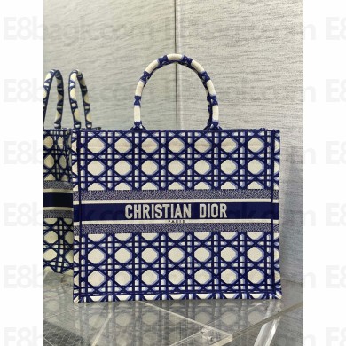 Dior Large Book Tote Bag in Beige and Blue Macrocannage Embroidery 2023