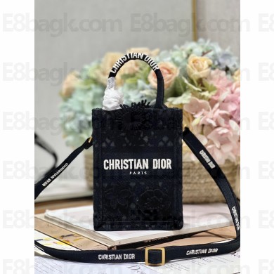 Dior mini Book Tote phone Bag in black D-Lace Embroidery with 3D Macramé Effect 2023
