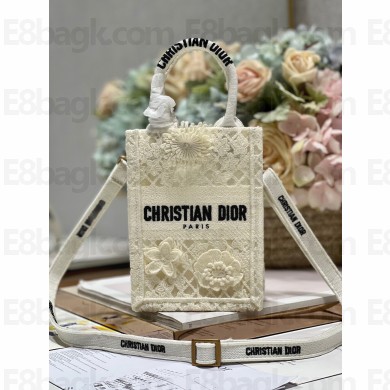 Dior mini Book Tote phone Bag in White D-Lace Embroidery with 3D Macramé Effect 2023