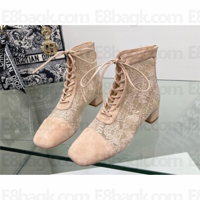 Dior Heel 3cm Naughtily-D Ankle Boots in beige Transparent Mesh and Suede Embroidered with Dior Roses Motif 2023