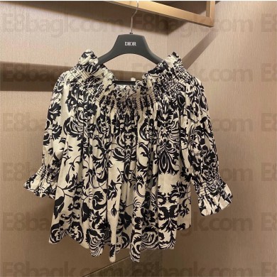 DIOR Black and White Cotton Poplin Off-The-Shoulder Smocked Top 2023