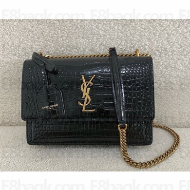 saint laurent SUNSET small in crocodile-embossed shiny leather Black/Gold 2024 (original quality)