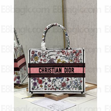 Dior medium Book Tote Bag in White Multicolor Florilegio Embroidery 2023