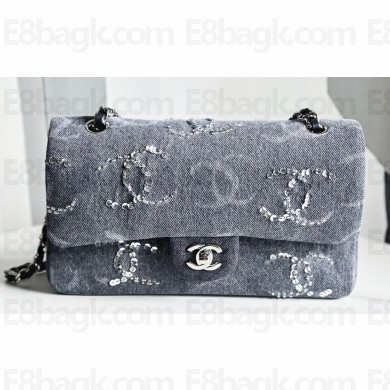 Chanel Embroidered Denim, Sequins & Silver-Tone Metal Classic Handbag A01112 Gray 2023