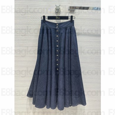 DIOR Deep Blue Cotton Denim Mid-Length Skirt with Snaps 2024