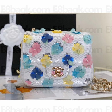chanel White & Multicolor Mixed Fibers, Sequins, Imitation Pearls & Gold-Tone Metal Mini Flap Bag AS3736 2023