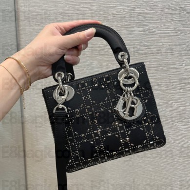 DIOR Mini Lady Dior Bag in Black Strass Cannage Satin 2022