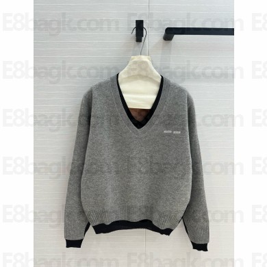 MIU MIU GRAY SILK AND CASHMERE V-NECK SWEATER 2024