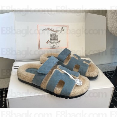 Hermès Chypre suede leather with shearling mules blue 1028-2024