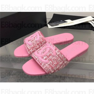 Chanel CC LOGO TWEED MULES pink 2023