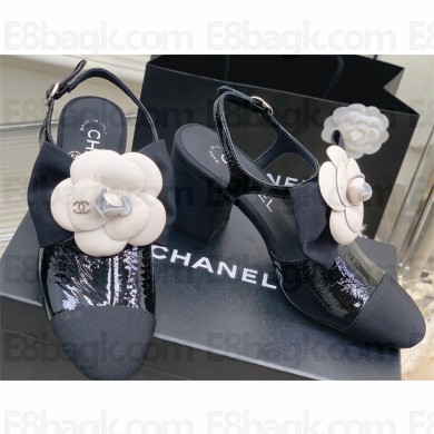 Chanel Heel 7cm Camellia and Pearl Sandals Black PATENT 2023
