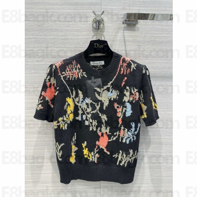 dior Black Hemp Jacquard with Multicolor Dior Petites Fleurs Motif Puff-Sleeve Top 2023