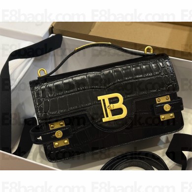 balmain b-buzz 24 shoulder bag in crocodile-embossed leather black 2024