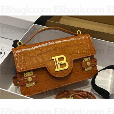balmain b-buzz 24 shoulder bag in crocodile-embossed leather tan 2024