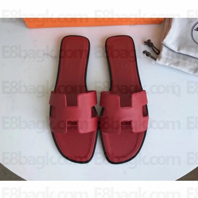Hermes Oran Flat slippers in epsom leather red with black piping