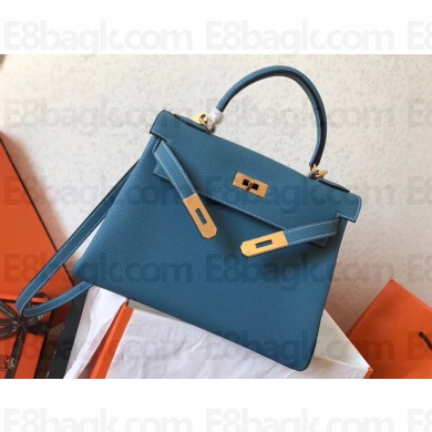Hermes Kelly 28cm/32cm Bag In Original togo Leather With Gold/Sliver Hardware denim blue