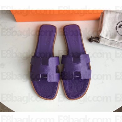 Hermes Oran Flat slippers in epsom leather Violet with brown piping