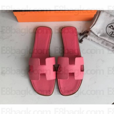 Hermes Oran Flat slippers in epsom leather peach pink with brown piping