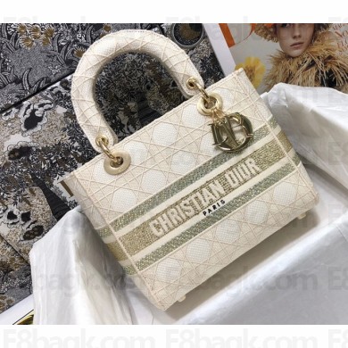 Lady Dior Medium D-Lite Bag in Cannage Embroidery Crystal White 2022