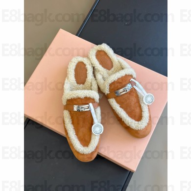 hermes shearling kelly mules in suede calfskin tan 2023