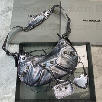 Balenciaga WOMEN'S LE CAGOLE SMALL SHOULDER BAG IN METALLIC SILVER