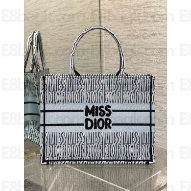 Dior MEDIUM Book Tote Bag in Pale Blue and Black Miss Dior Allover Embroidery 2024