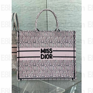 Dior Large Book Tote Bag in Pale PINK and Black Miss Dior Allover Embroidery 2024