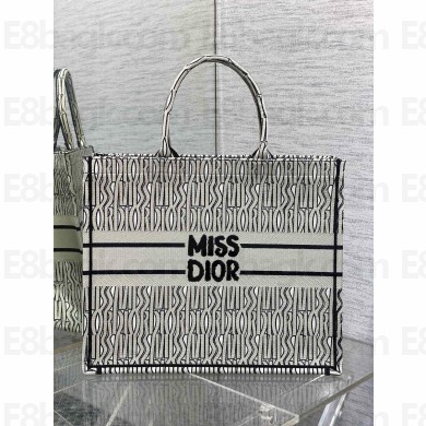 Dior MEDIUM Book Tote Bag in BEIGE and Black Miss Dior Allover Embroidery 2024