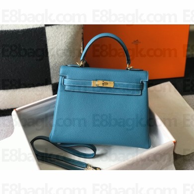 Hermes Kelly 28cm/32cm Bag In clemence Leather With Gold Hardware denim blue