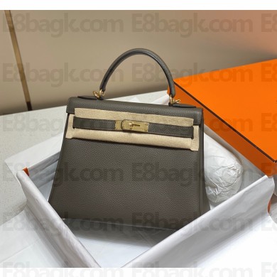 Hermes Kelly 28cm/32cm Bag In clemence Leather With Gold Hardware gris etain