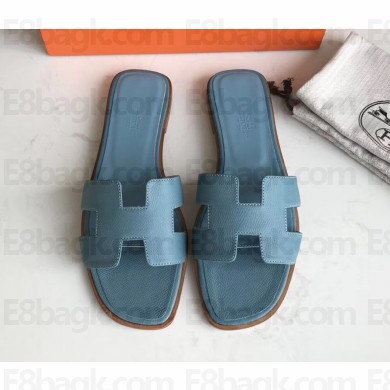 Hermes Oran Flat slippers in epsom leather blue jean with brown piping