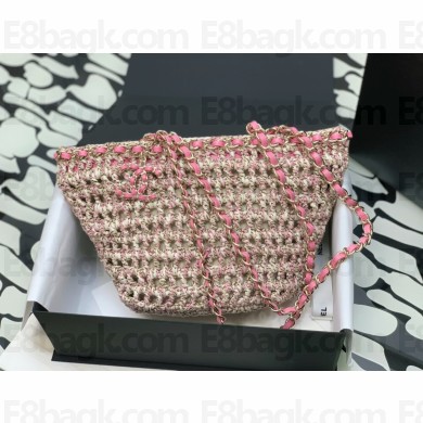 CHANEL Crochet, Mixed Fibers, Calfskin & Gold-Tone Metal Beige & Pink Small Shopping Bag AS3689 2023