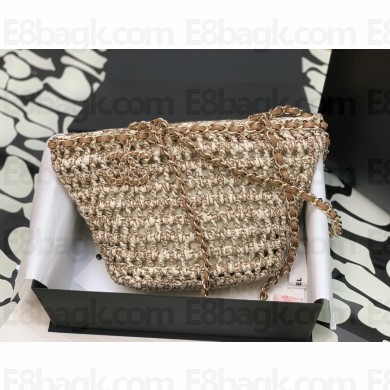 CHANEL Crochet, Mixed Fibers, Calfskin & Gold-Tone Metal Beige Small Shopping Bag AS3689 2023