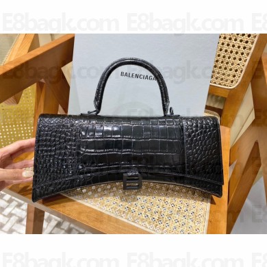 BALENCIAGA Hourglass PLUS Handbag in black shiny crocodile embossed calfskin with black hardware 2022 