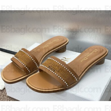 Dior Dway Heeled Slide Camel Calfskin and Embroidered Cotton heel 3cm 2025