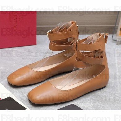 VALENTINO GARAVANI BROWN LEATHER BALLERINA BALLET GLADIATOR FLATS 2024
