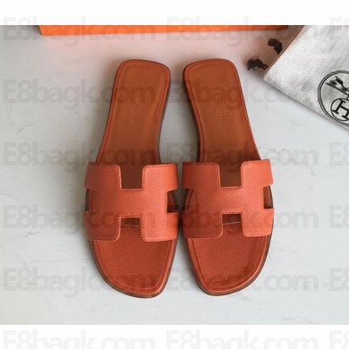 Hermes Oran Flat slippers in epsom leather orange with brown piping