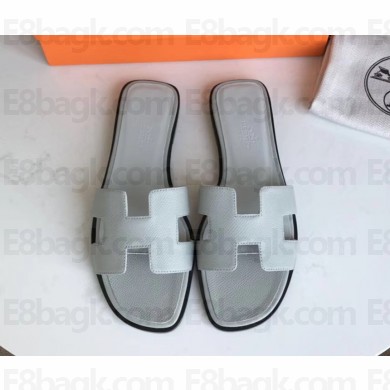 Hermes Oran Flat slippers in epsom leather blue lin with black piping