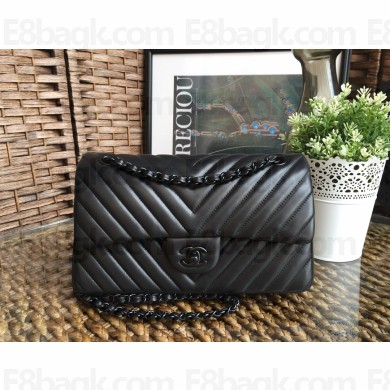 Chanel Chevron So Black MEDIUM Classic Flap Bag in Lambskin
