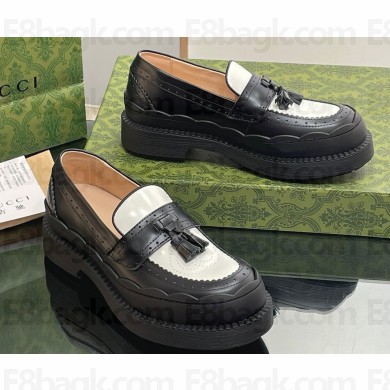 Gucci lug loafer with Scalloped rubber trim and Fringe Black/White leather 2023