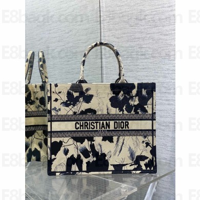 Dior Large Book Tote Bag in Beige and Black Fleurs Mystiques Embroidery 2024