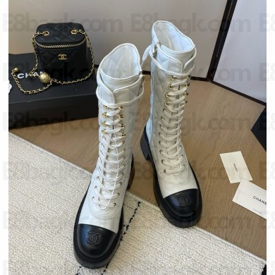 Chanel Crinkled Calfskin Quilting Combat Boots with CC logo white 1109-2024