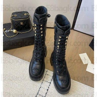 Chanel Crinkled Calfskin Quilting Combat Boots with CC logo black 1109-2024