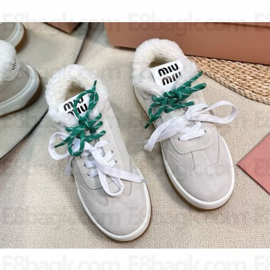 Miu Miu lace-up suede calfskin with shearling sneakers white 1109-2024