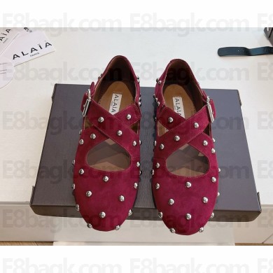 Alaïa Suede Embellished Criss-Cross Ballet Flats burgundy 2025