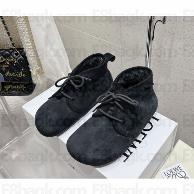 LOEWE Lago lace-up bootie in suede and shearling black 1029-2024