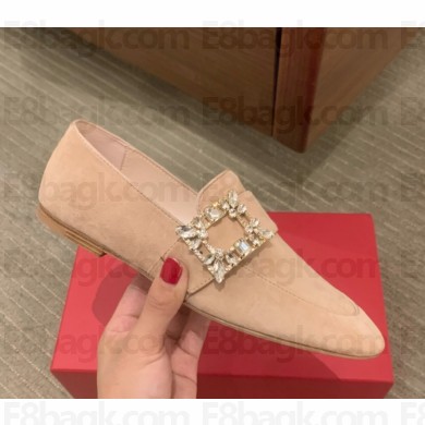 Roger Vivier Viv' Driver Strass Buckle Loafers in suede Leather nude pink 1029-2024