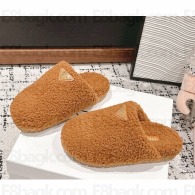 Prada Enameled metal triangle logo shearling padded slippers brown 1029-2024